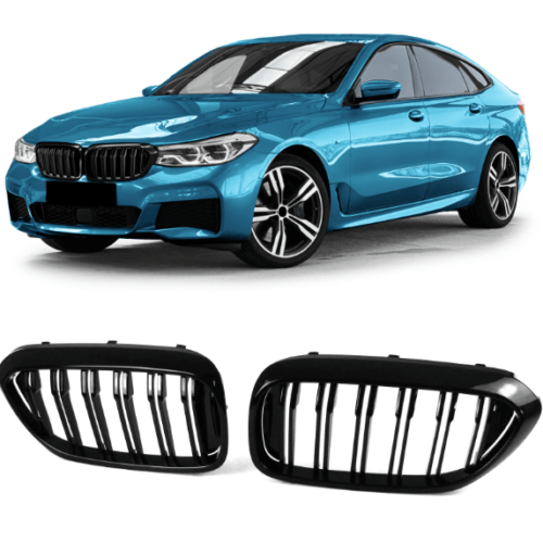 Bamperio grotos BMW 6GT G32 17-20 dvigubos blizgios Juodos